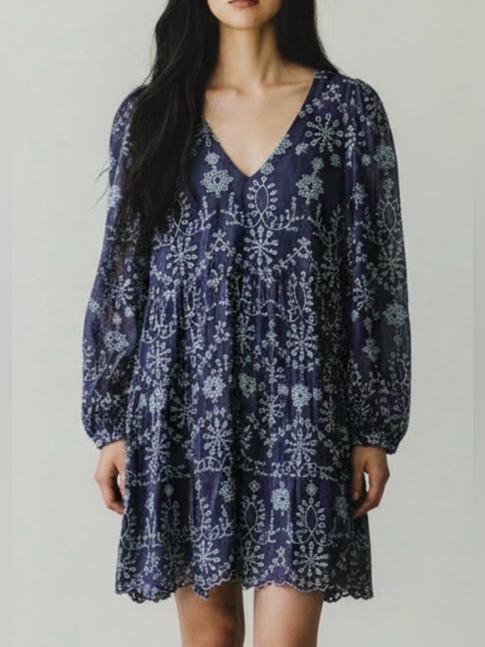 Sail to Sable V-Neck Navy Floral Embroidered Babydoll Dress size large